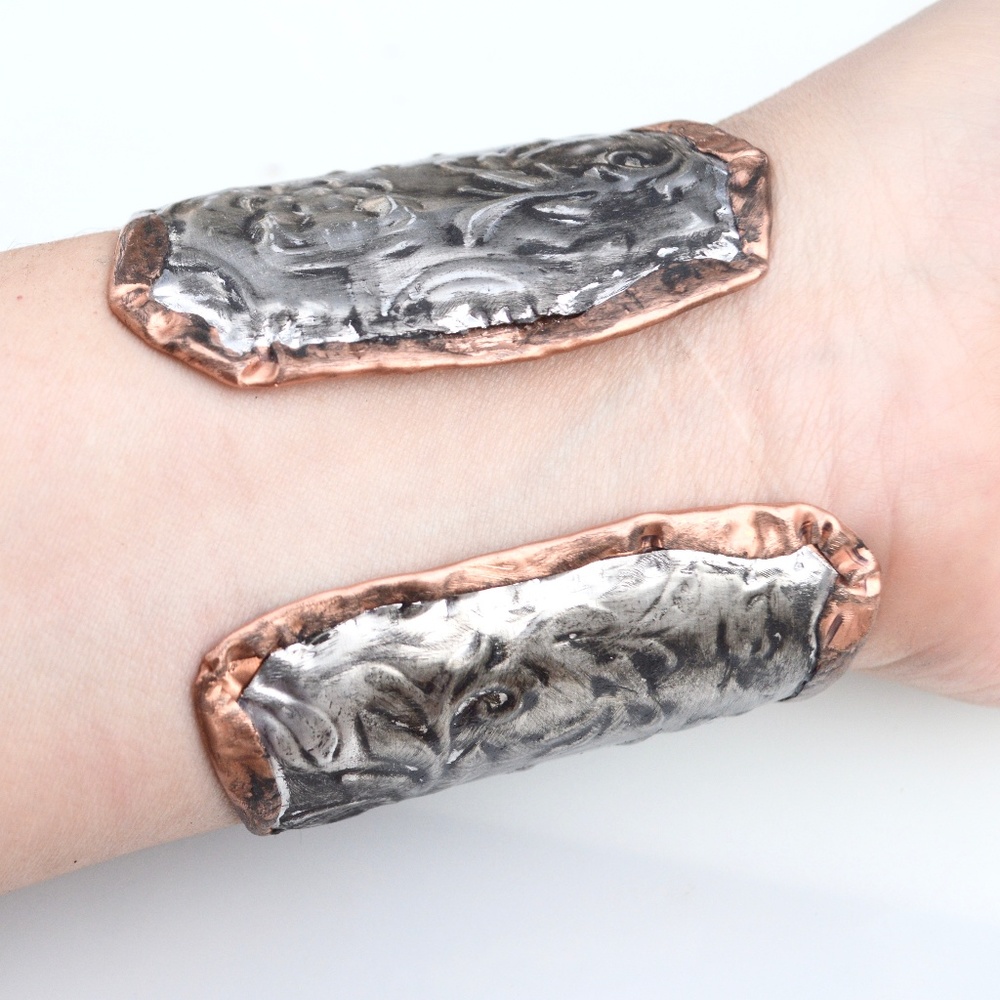 Rose Floral Silver Copper Embossed Gladiator Cuff Wide Handmade Victorian Armor - Picture 8 of 12